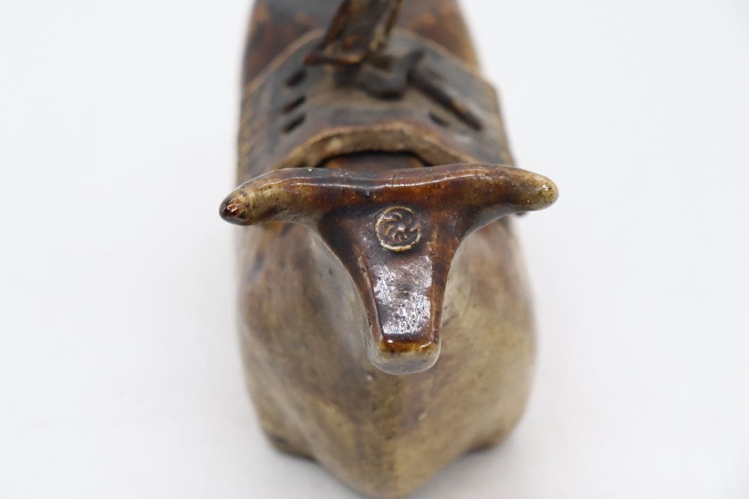 中国　磁州窯　黄釉　牛童子型香炉　送料込み250621