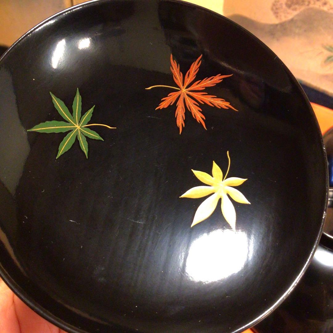 A762 木製輪島塗　懐石道具　黒塗　鶴に紅葉蒔絵　吸い物椀　　5客