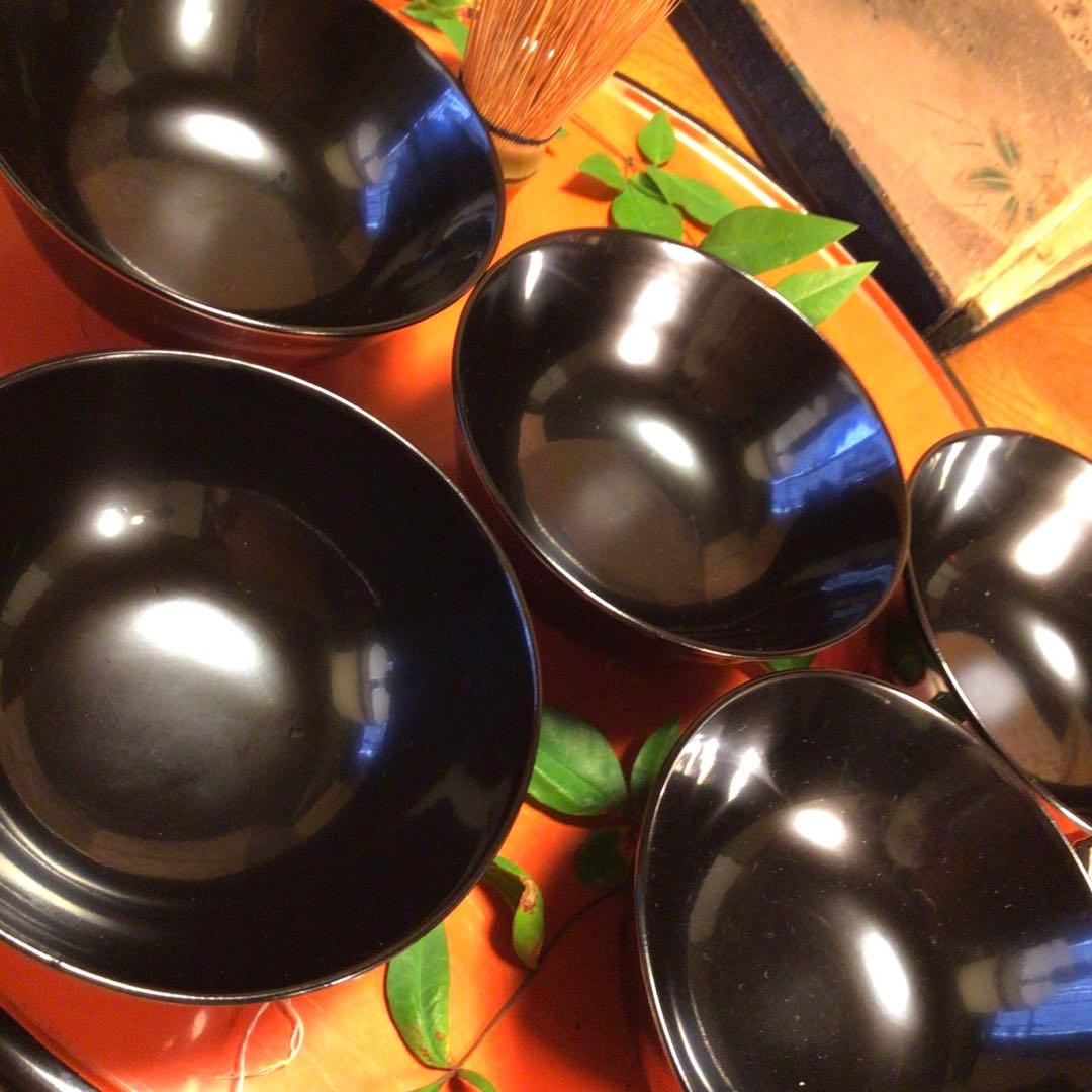 A762 木製輪島塗　懐石道具　黒塗　鶴に紅葉蒔絵　吸い物椀　　5客