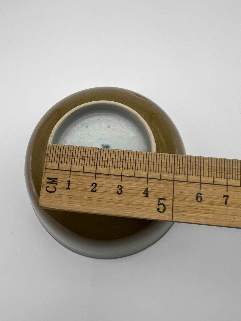 清光緒時代 紫金釉青花草虫文杯 压手杯 茶道具　茶杯 盃 煎茶碗(F-74)