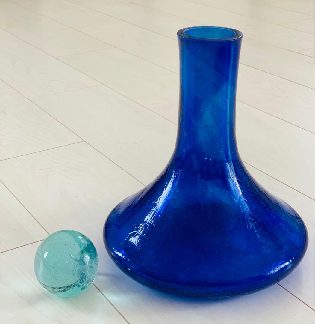 青色 ガラス製 フラスコ型花瓶水差し