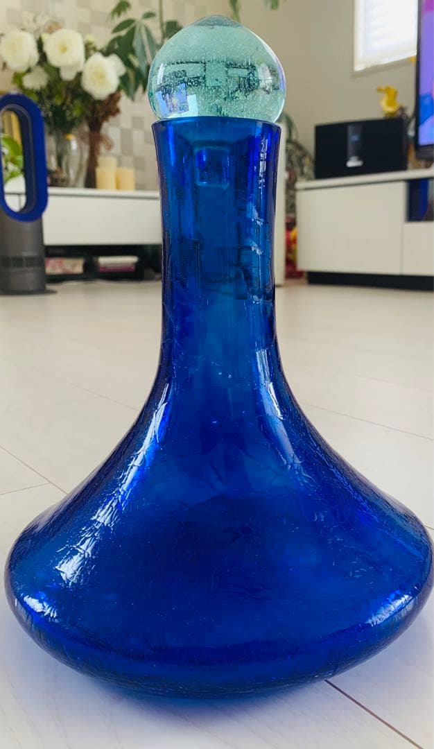 青色 ガラス製 フラスコ型花瓶水差し
