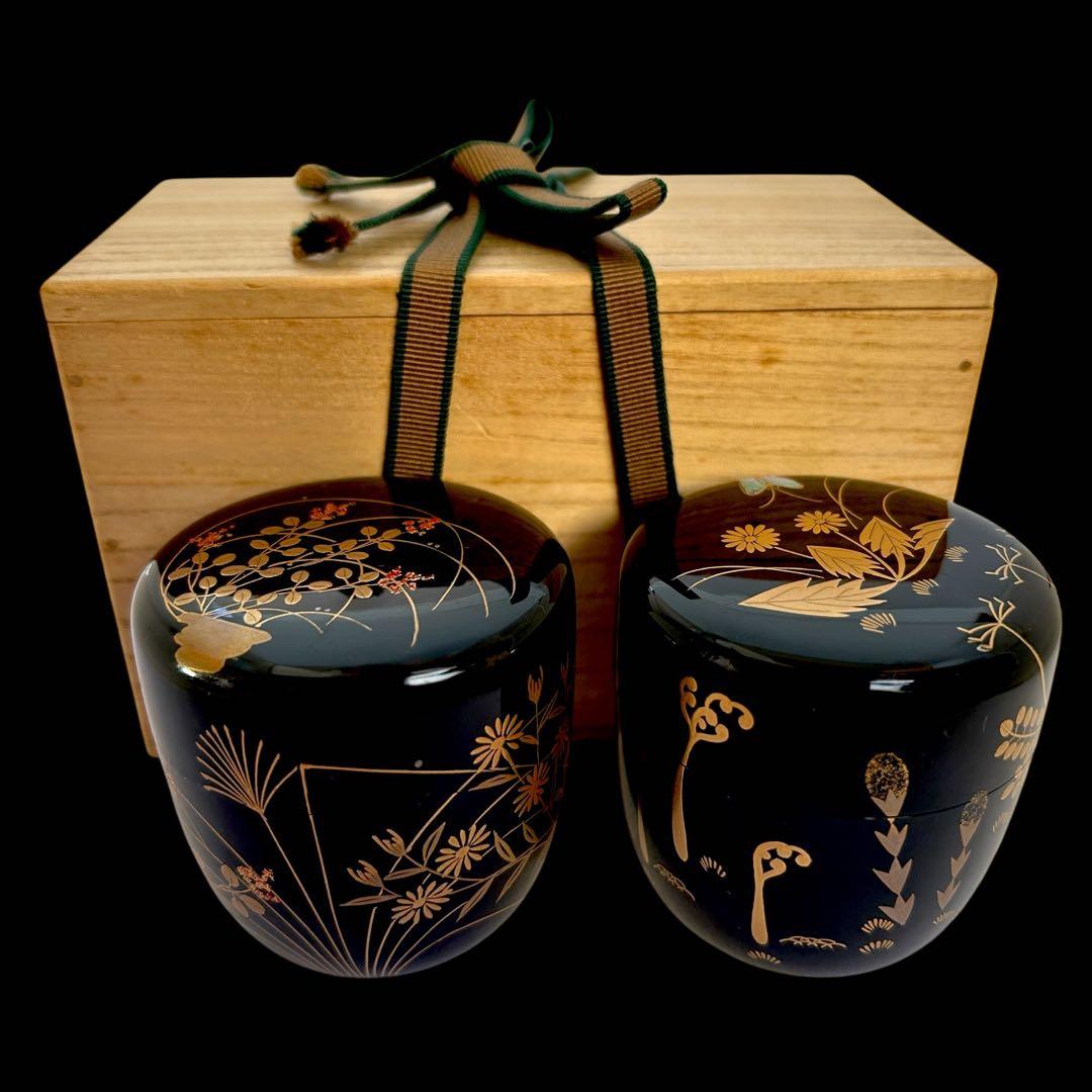 【茶道具】中村宗悦 春秋一双 中棗 金蒔絵 螺鈿 共布 共箱