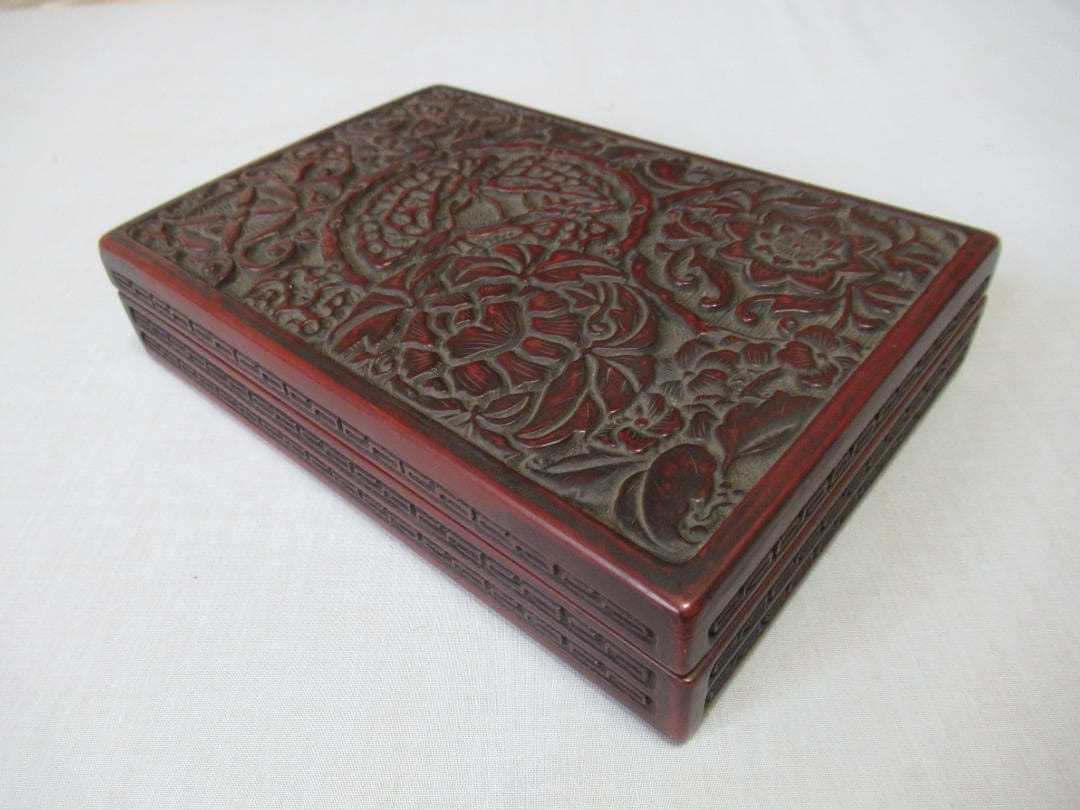 ◆希少 美品 1900年頃(清朝末期)◆剔紅/堆朱 蜀江文、蝶、燕、雷紋 硯箱
