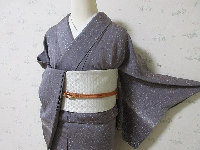 付け下げ小紋：美品：アラレ小紋・グレー・アズキ色：袷正絹：７号：P30