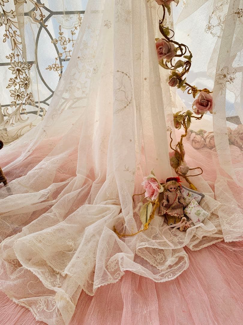 フランスアンティークコーネリー刺繍チュールレースロングカーテン※古色ホワイト