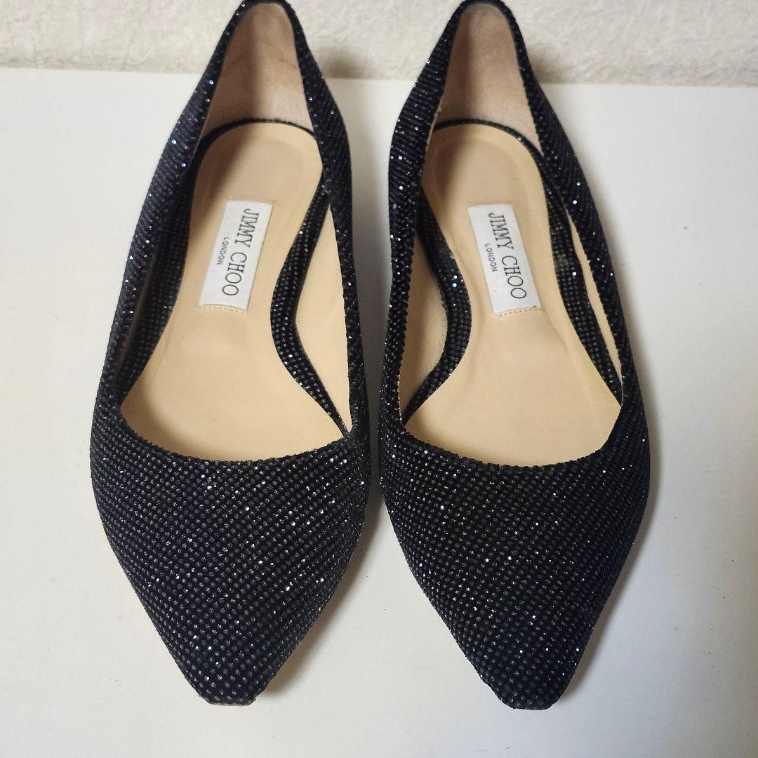 JIMMY CHOO ブラック グリッター フラットシューズ 39