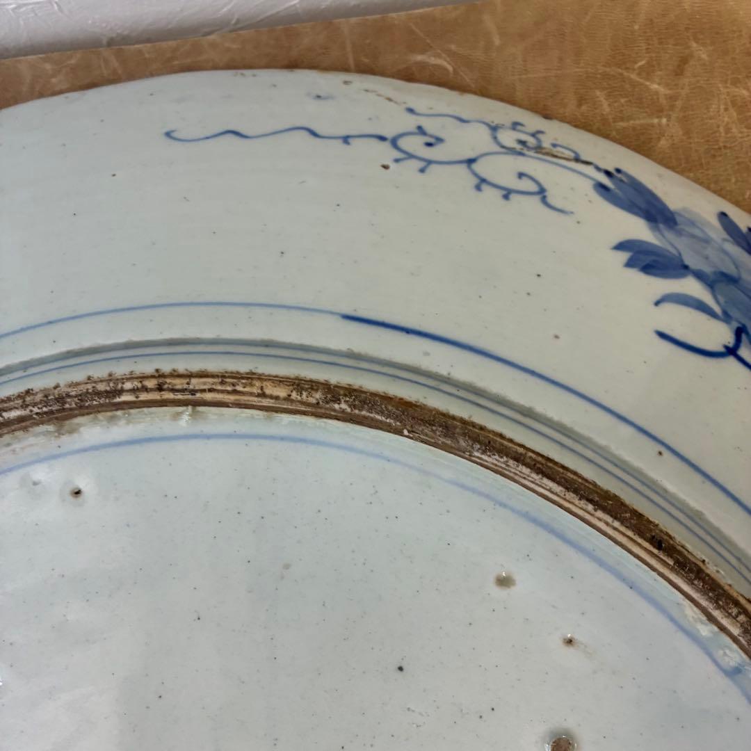 染付大皿　花鳥文様　約54cm（一尺8寸）　藍青色　磁器皿　時代物
