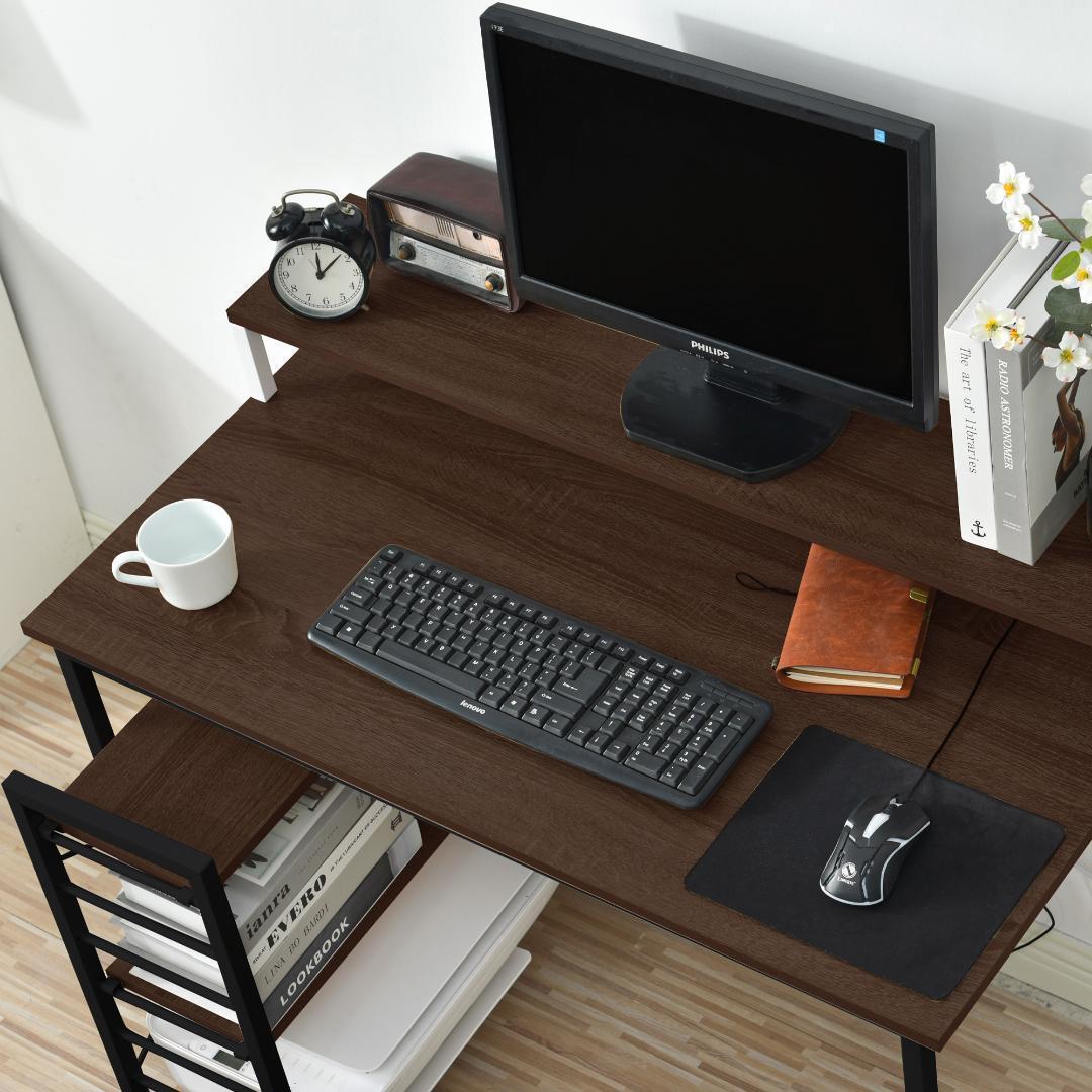 【ブラウン】パソコンデスク キャスター付きで移動可能ラック付きデスクワークデスク