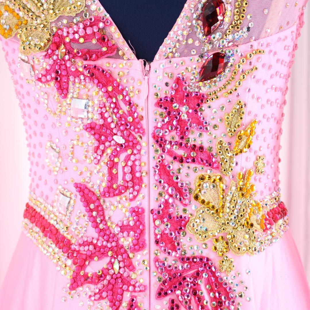 【美品 社交ダンス衣装】ピンク ワンピース ドレス ラインストーン チョーカー