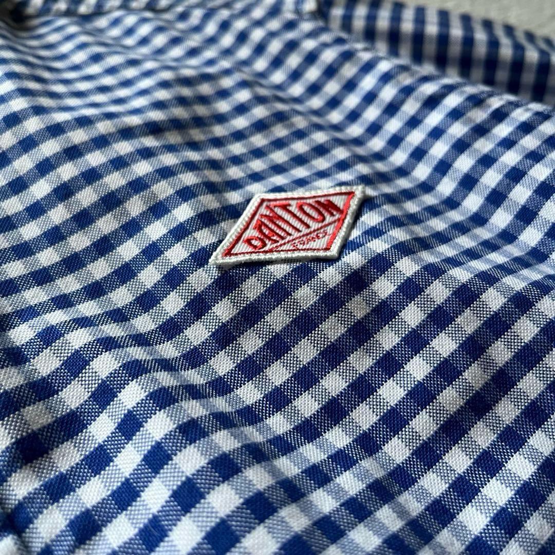 美品 DANTON ギンガムチェック 丸襟 ラウンドカラー シャツ M ブルー