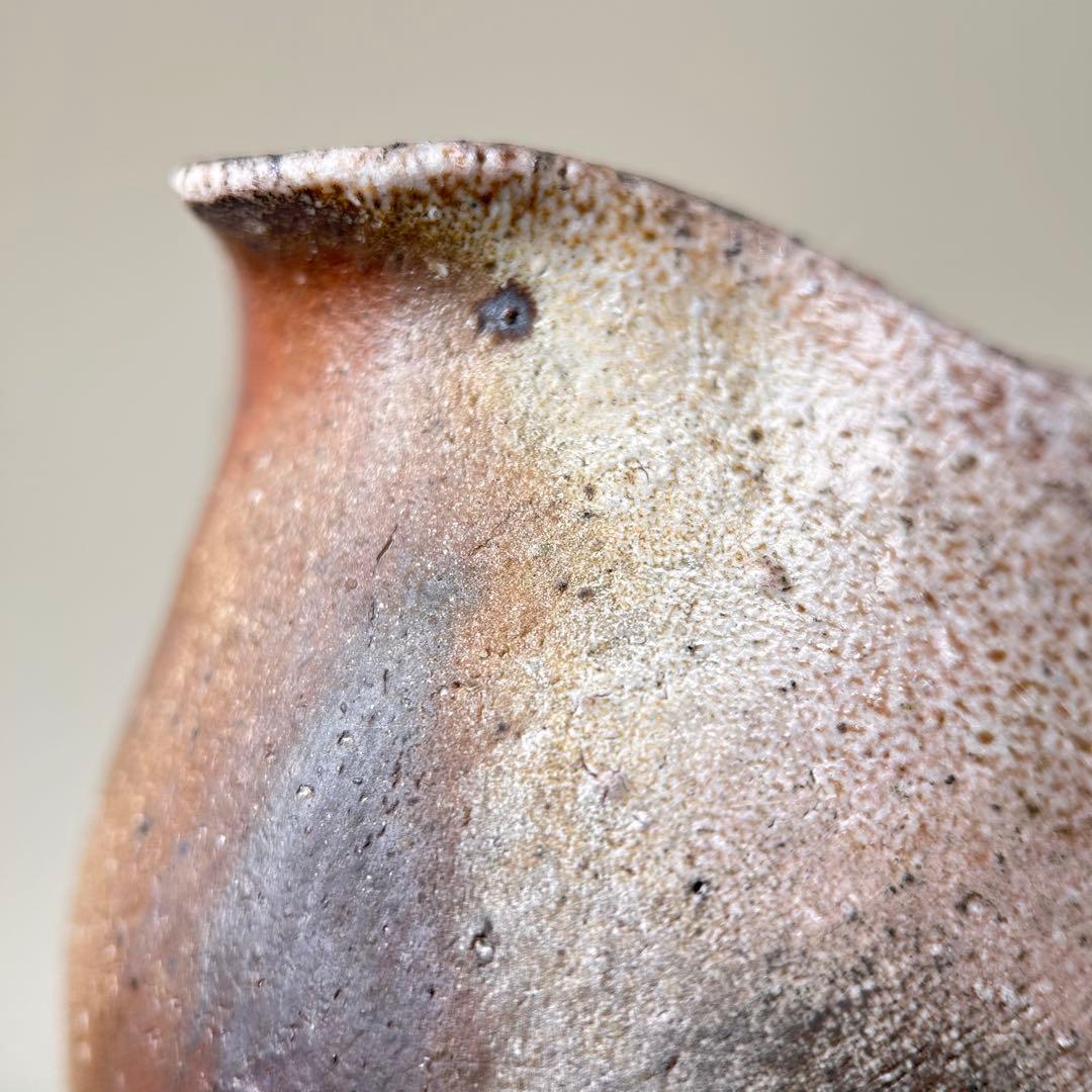 B柴岡信義 備前市無形文化財 備前焼 窯変 共箱 共布 栞 面取 宝瓶 茶器