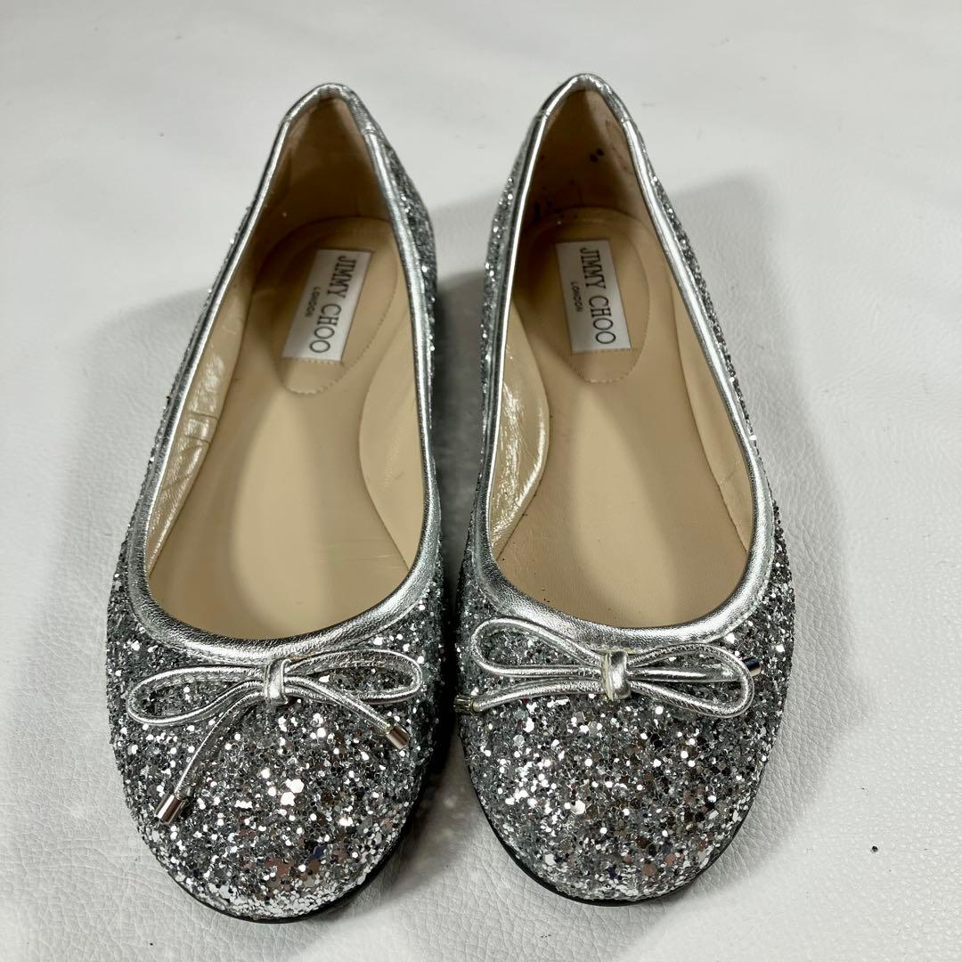 極美品✨ジミーチュー　シルバー　フラット バレエシューズ　リボン　22.5cm