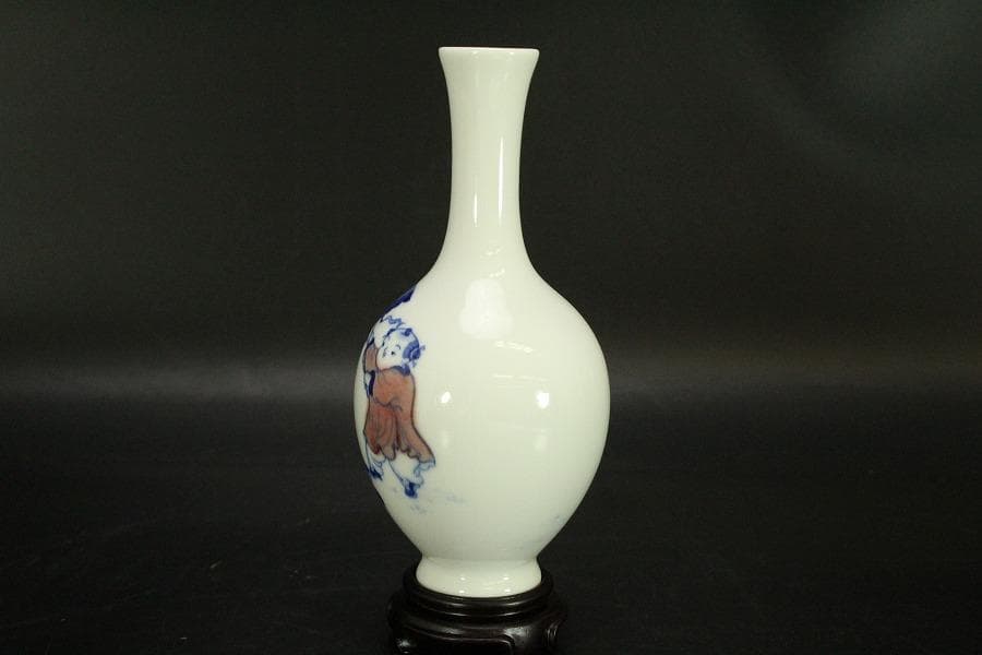 中国美術 台湾 暁芳窯 蔡暁窯 釉裏紅 青花 唐子紋 瓶 台付(A967)