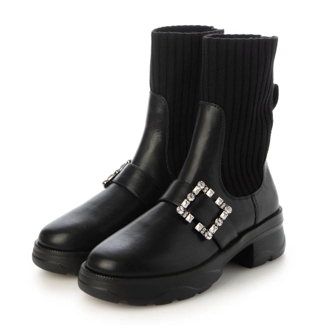 早い者勝ち！クリスタルビジュー付き　リブニットショートブーツ