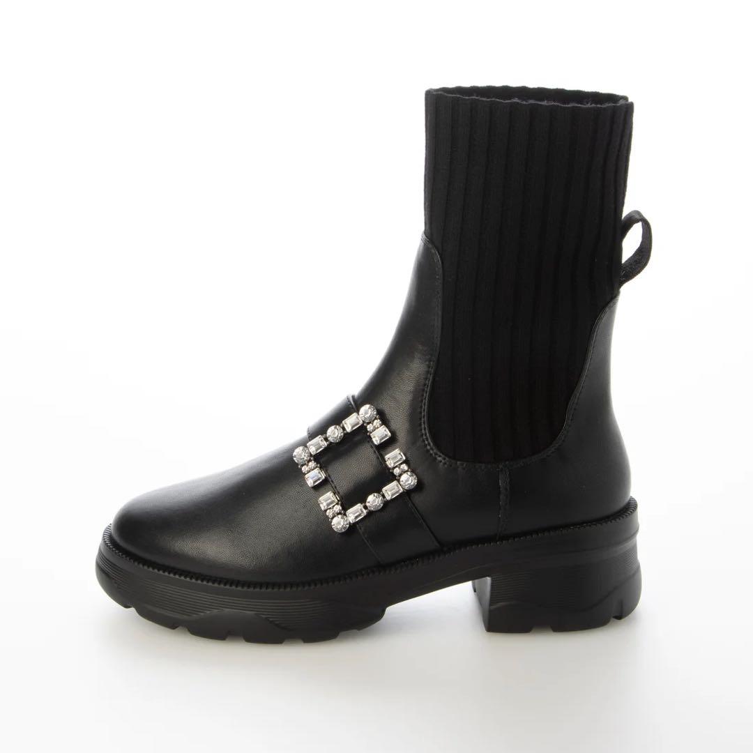 早い者勝ち！クリスタルビジュー付き　リブニットショートブーツ