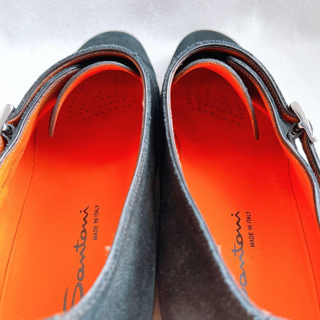 美品 サントーニ ダブルモンクストラップ スエード ビジネス ドレスシューズ 黒