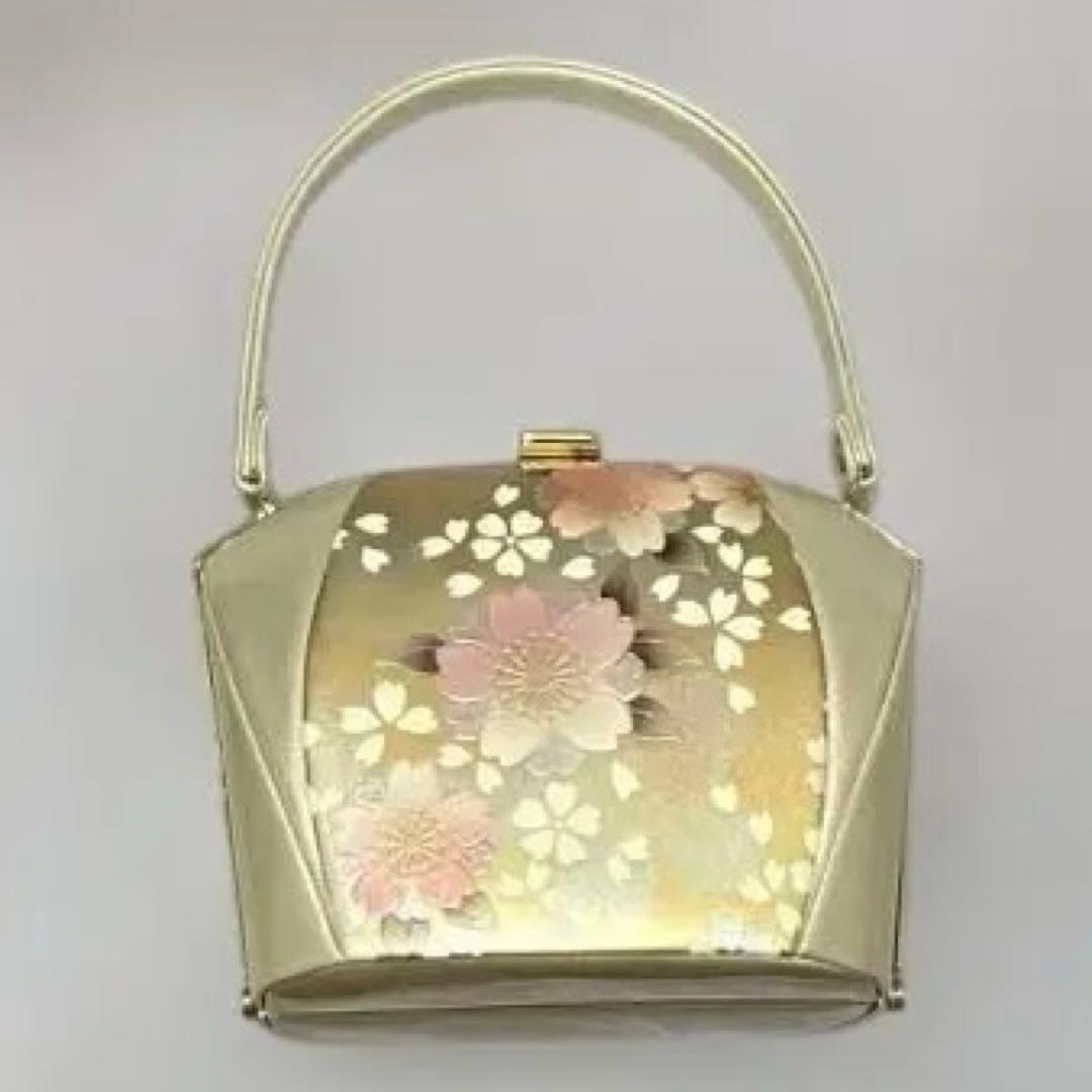 桜の花柄 和装用バッグ 草履セット　金色