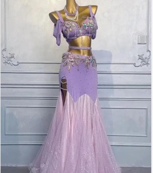 新品 ベリーダンス 衣装 ブラ スカート セット オリエンタル 紫ピンク