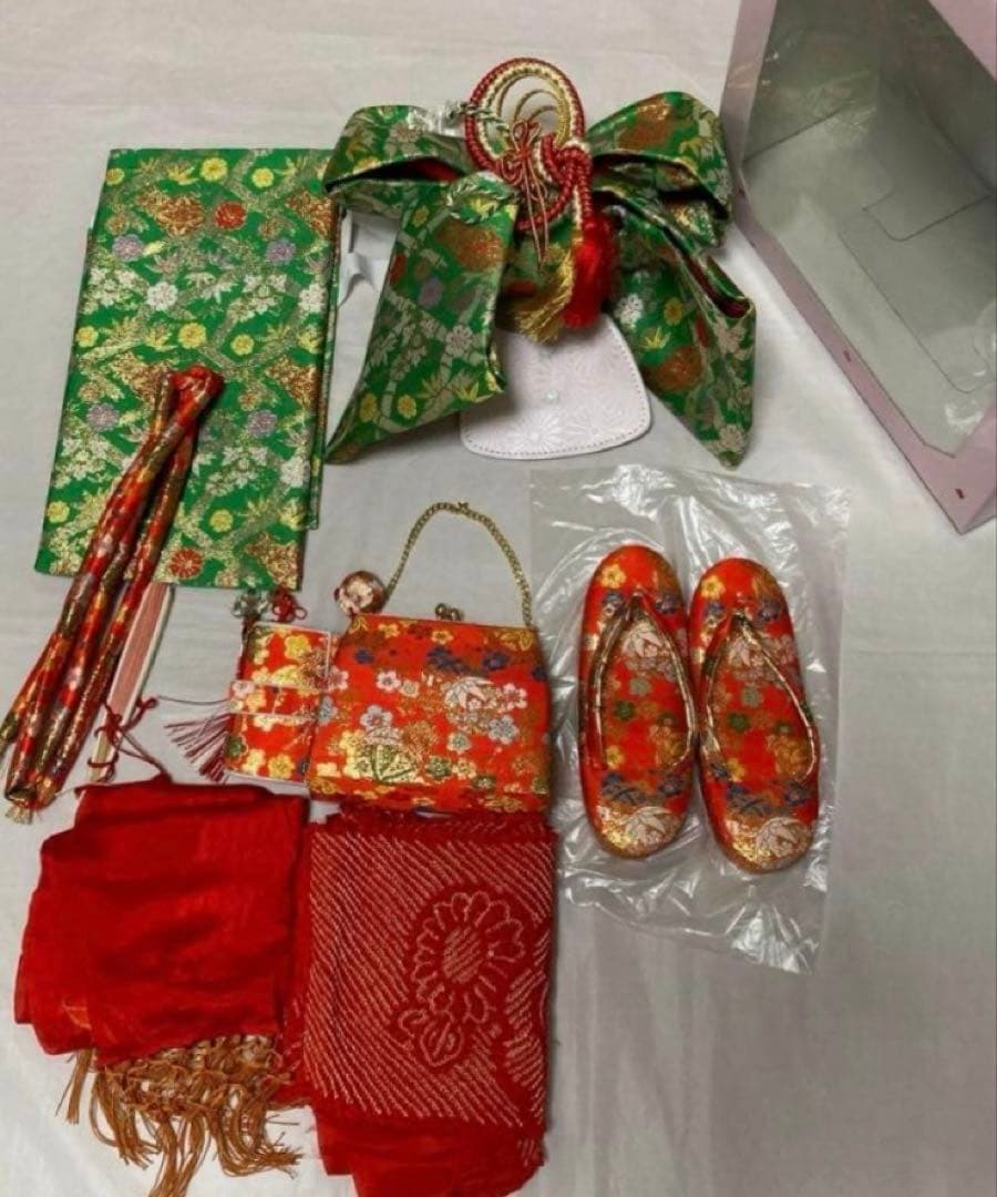 七五三 7歳 正絹着物 作り帯 バッグ草履小物セット子供 キッズ 女の子