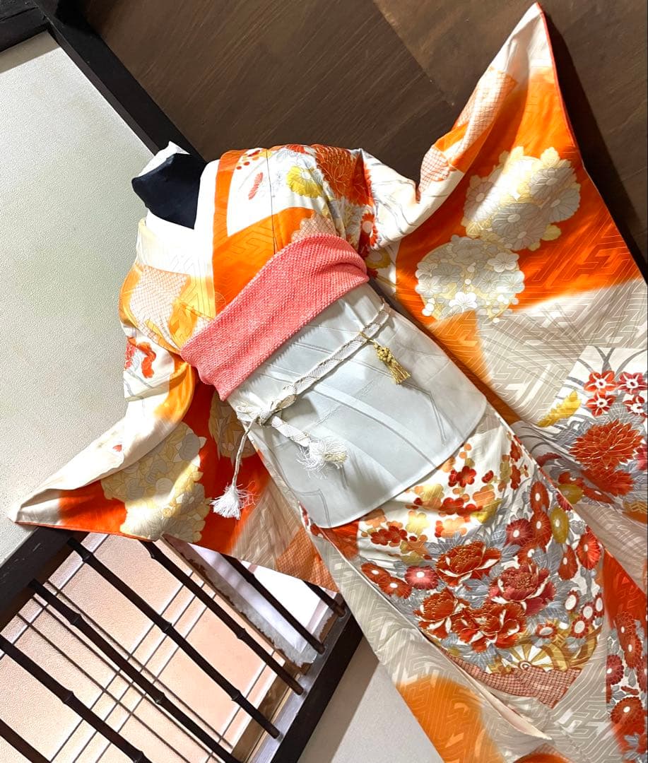 振袖 フルセット6点サイズM〜Ｌ駒刺繍　扇面花車文　暈し染め　金彩　正絹