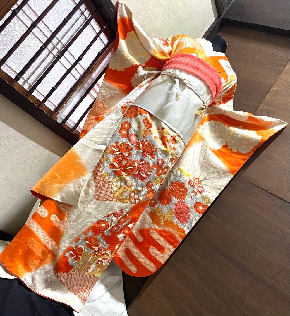 振袖 フルセット6点サイズM〜Ｌ駒刺繍　扇面花車文　暈し染め　金彩　正絹