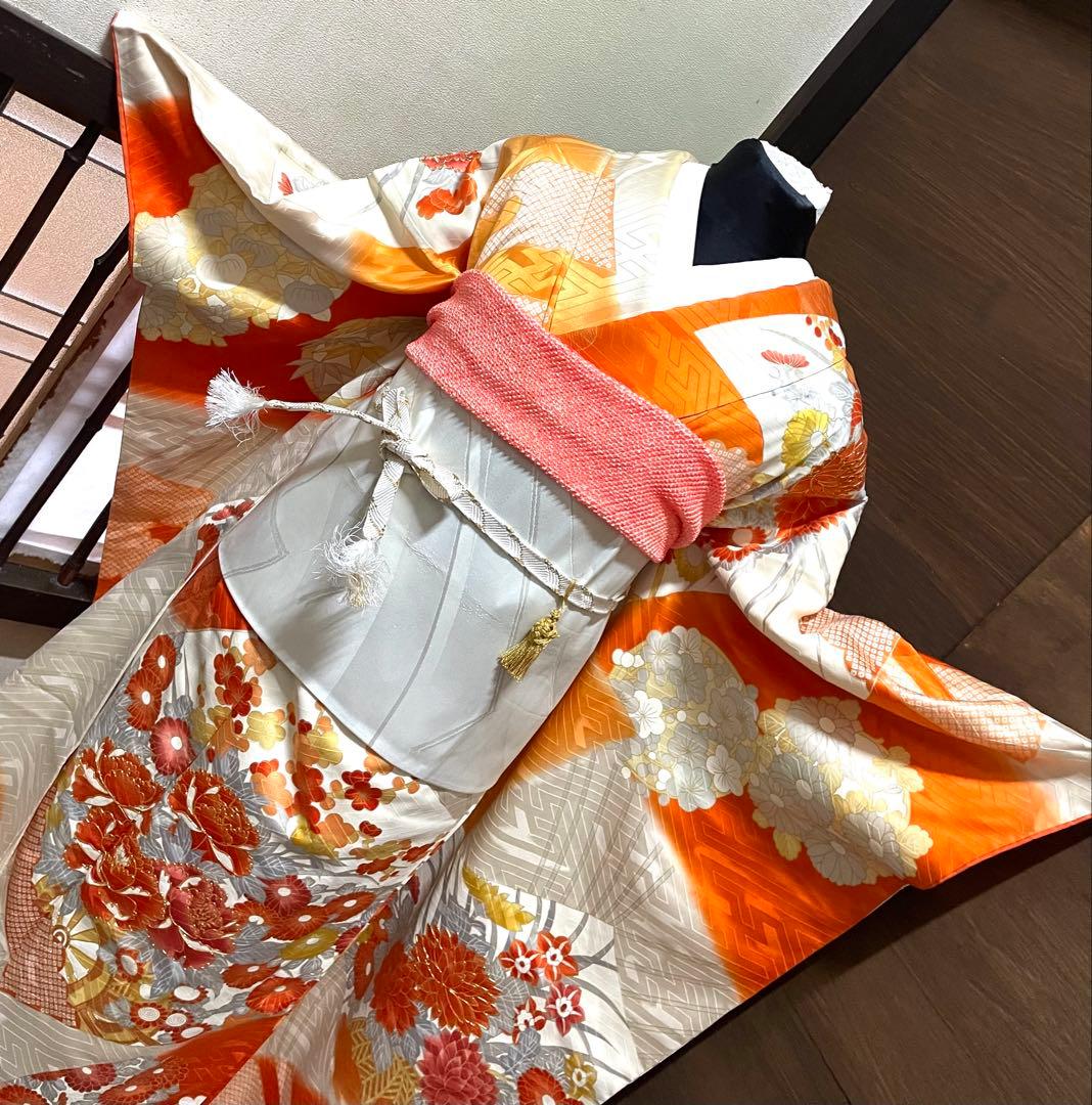 振袖 フルセット6点サイズM〜Ｌ駒刺繍　扇面花車文　暈し染め　金彩　正絹