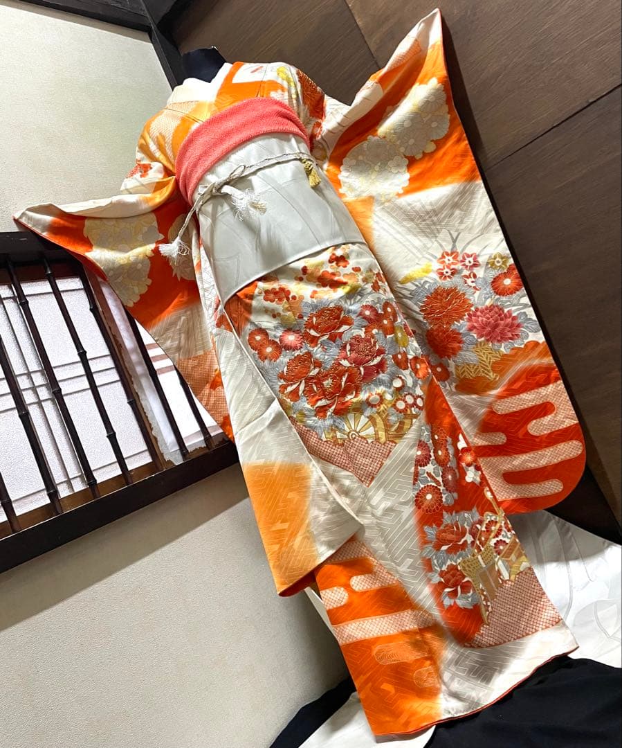 振袖 フルセット6点サイズM〜Ｌ駒刺繍　扇面花車文　暈し染め　金彩　正絹