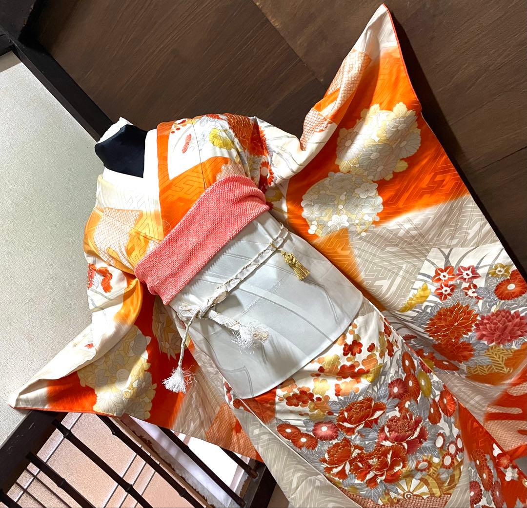 振袖 フルセット6点サイズM〜Ｌ駒刺繍　扇面花車文　暈し染め　金彩　正絹