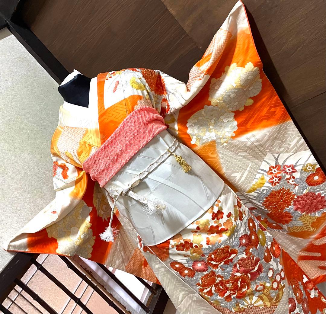 振袖 フルセット6点サイズM〜Ｌ駒刺繍　扇面花車文　暈し染め　金彩　正絹