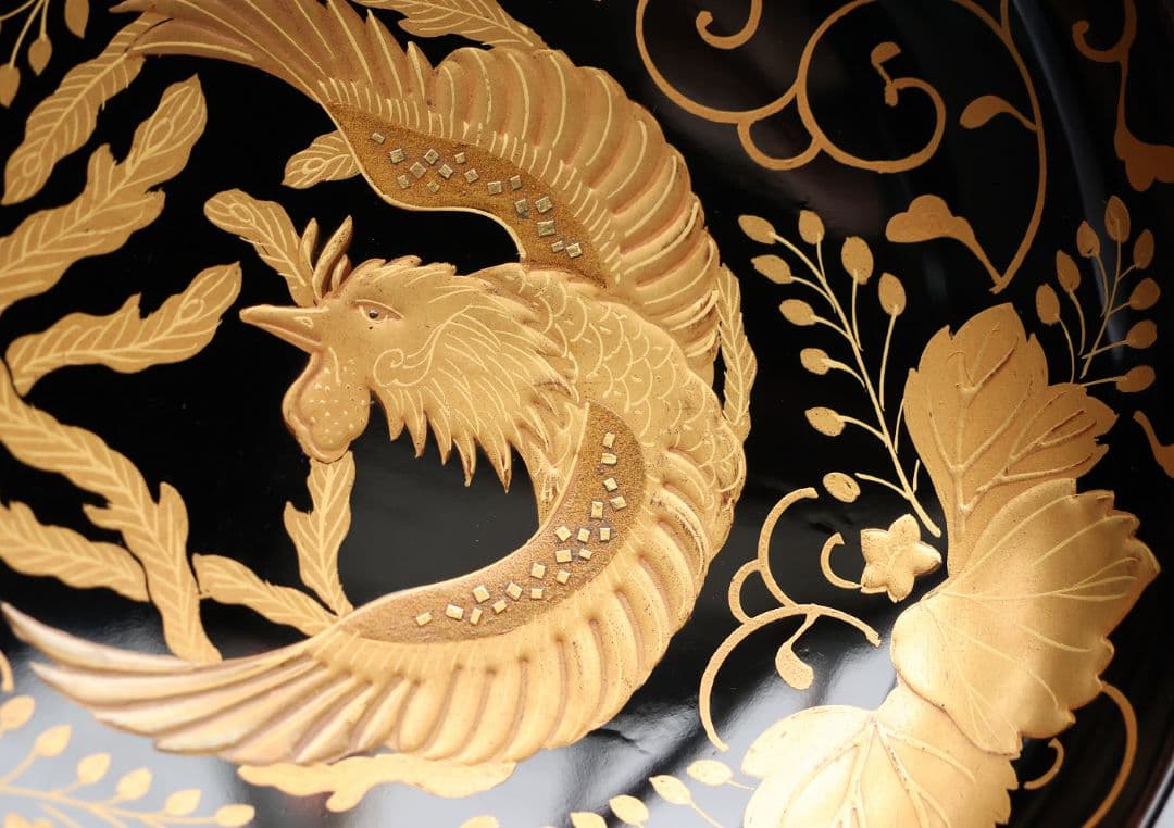 【MB193】天然木漆塗 鳳凰桐唐草 金蒔絵 黒塗 吸物椀 二客 大正昭和