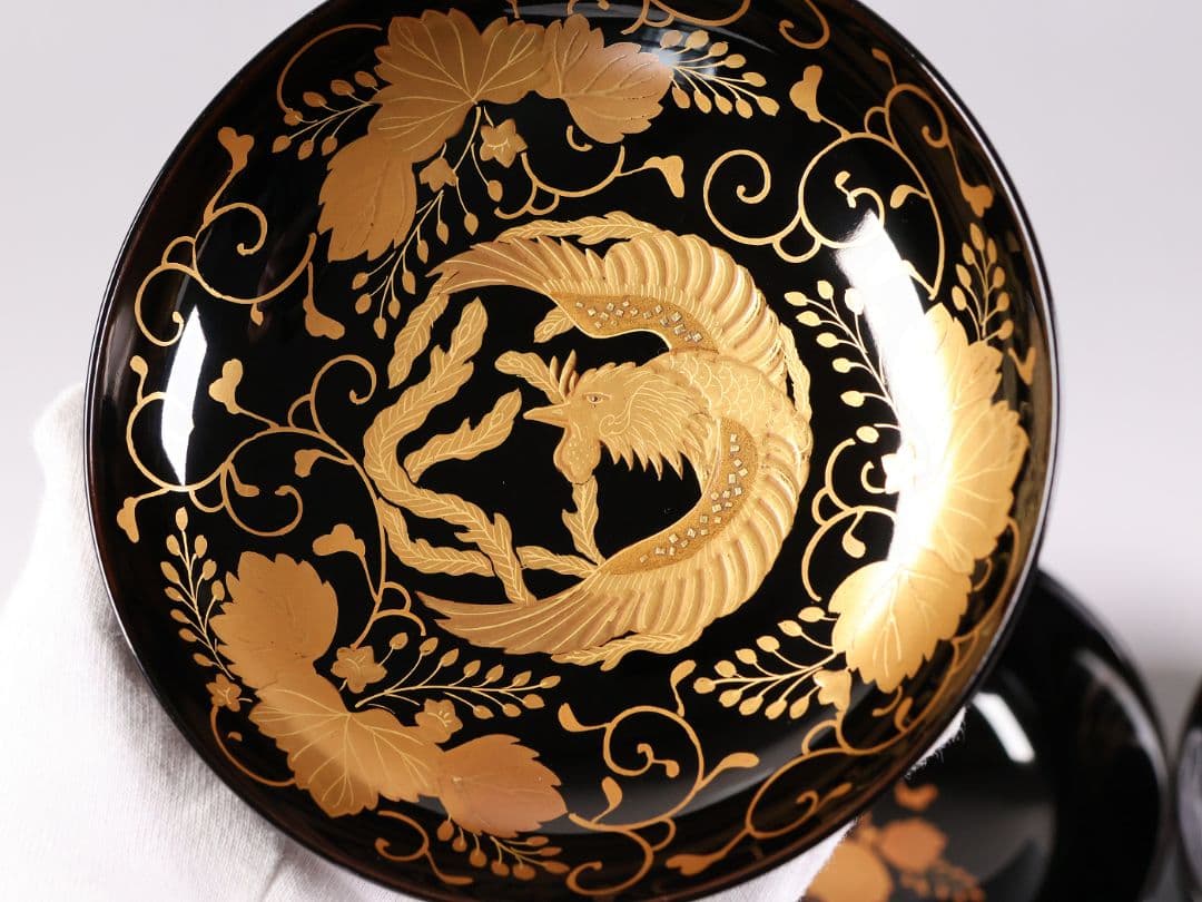 【MB193】天然木漆塗 鳳凰桐唐草 金蒔絵 黒塗 吸物椀 二客 大正昭和