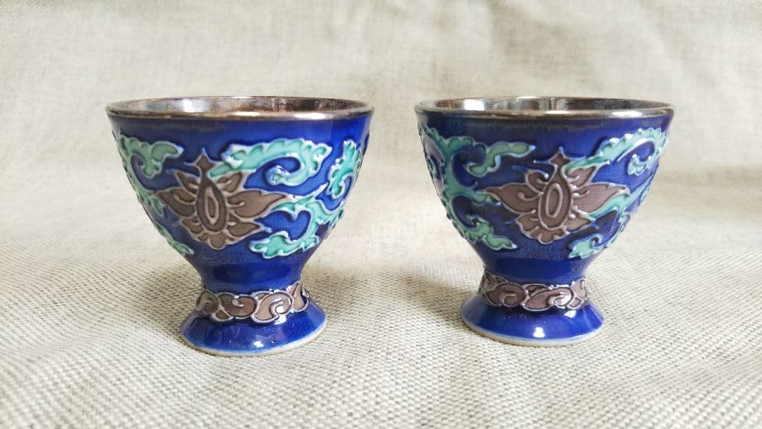 永楽焼 純銀盃 一東齋造 酒器 純銀 内張 酒盃 お猪口共箱 2客