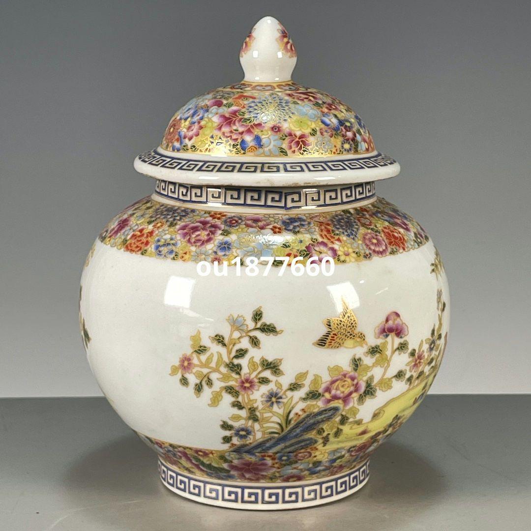 琺瑯彩花鳥貯蔵蓋缶 景徳鎮 陶磁器 装飾品 現代工芸品 美術品 置物