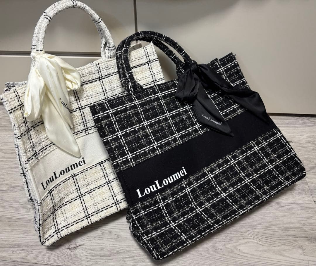 【LouLoumei】ナイスクラップツイードトートバッグタグ付きホワイト