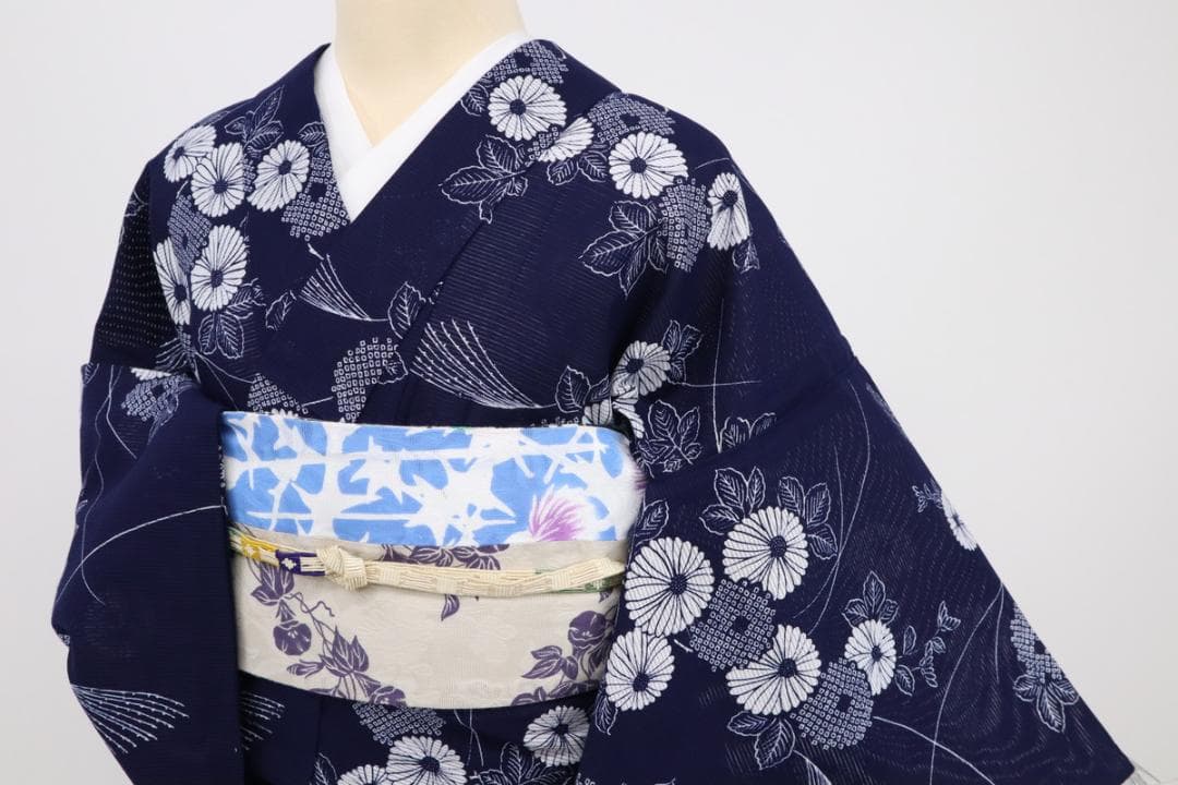 《たえ★長尺■綿絽◆夏着物■小紋■涼やか菊の花■濃紺◆US7-14》