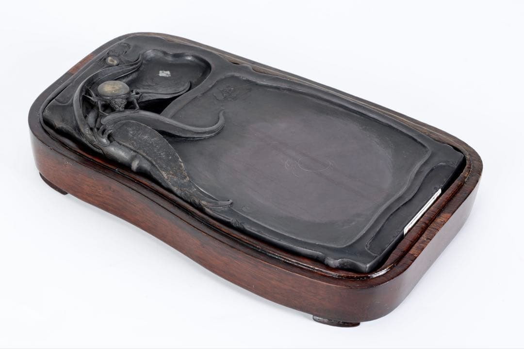 時代物 端渓硯 坑仔岩 蜘蛛紋竹形硯 唐木箱付 書道具 文房四宝 古美術 骨董品