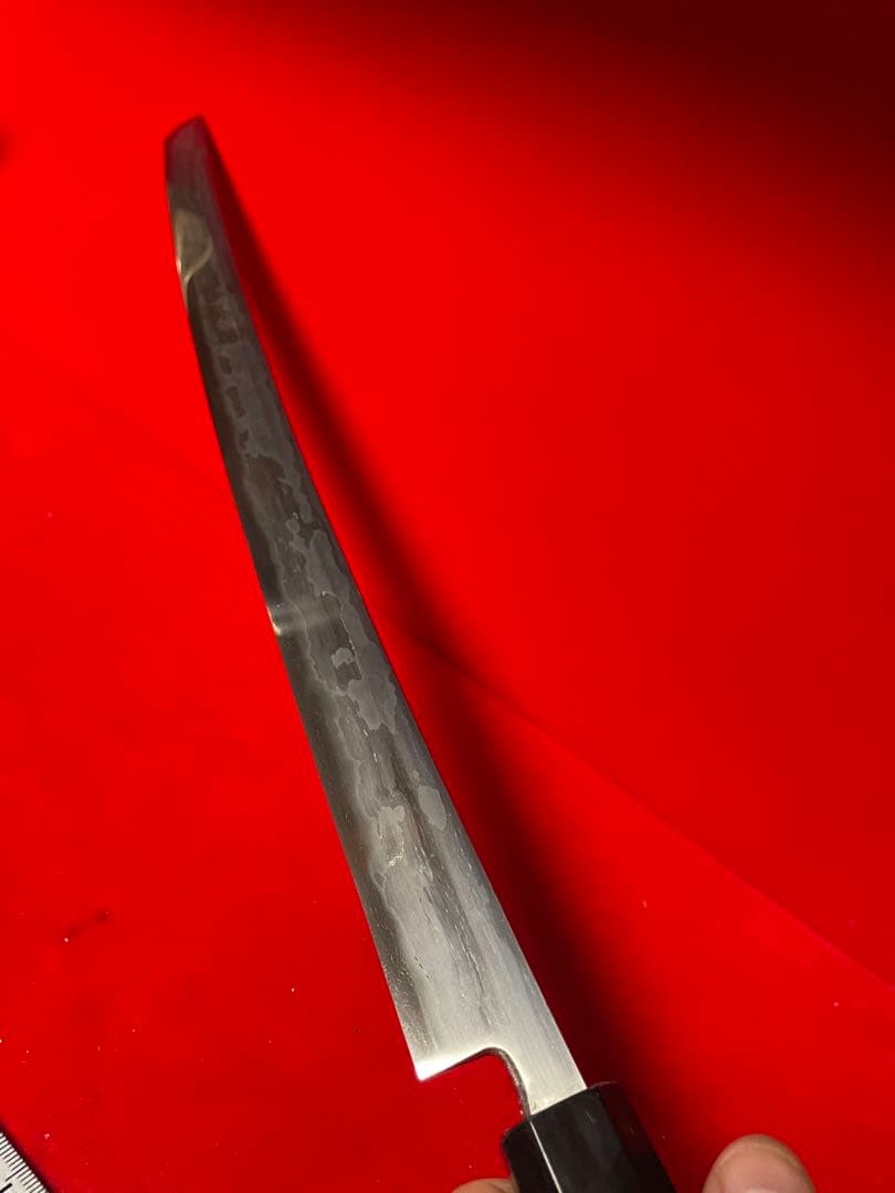 01475 包丁　マグロ包丁　玉鋼製　刃文綺麗　墨流し　切味抜群　未使用品