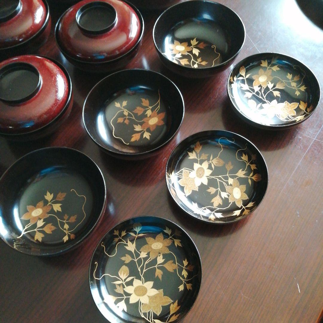 木製漆器　金彩木目蓋付煮物椀　10客　13.5cm　昭和中期