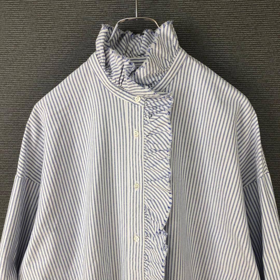 ジャーナルスタンダードラックス OXストライプ フリルブラウス ブルー