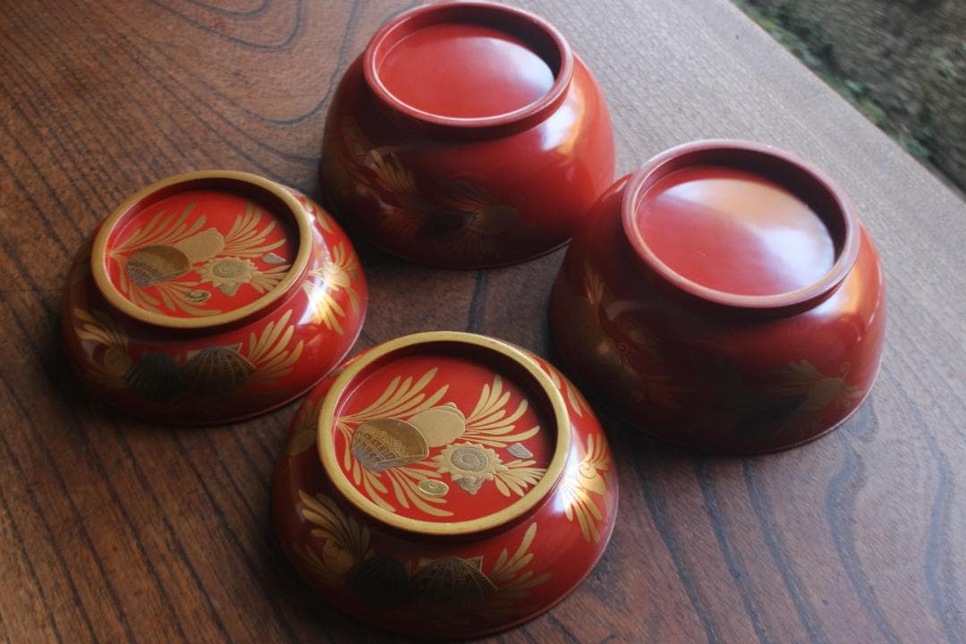 時代逸品！時代金縁朱漆に極上貝尽くし蒔絵の映えるお椀2点（検輪島塗雑煮椀