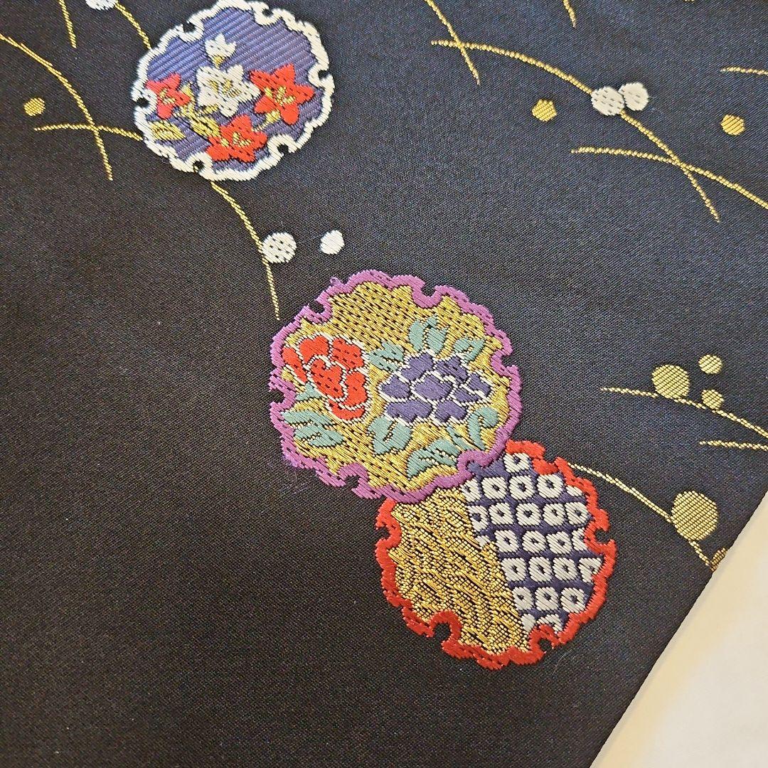 名古屋帯☆雪輪文様☆九寸☆露草☆正絹☆セミフォーマル☆黒地☆金彩