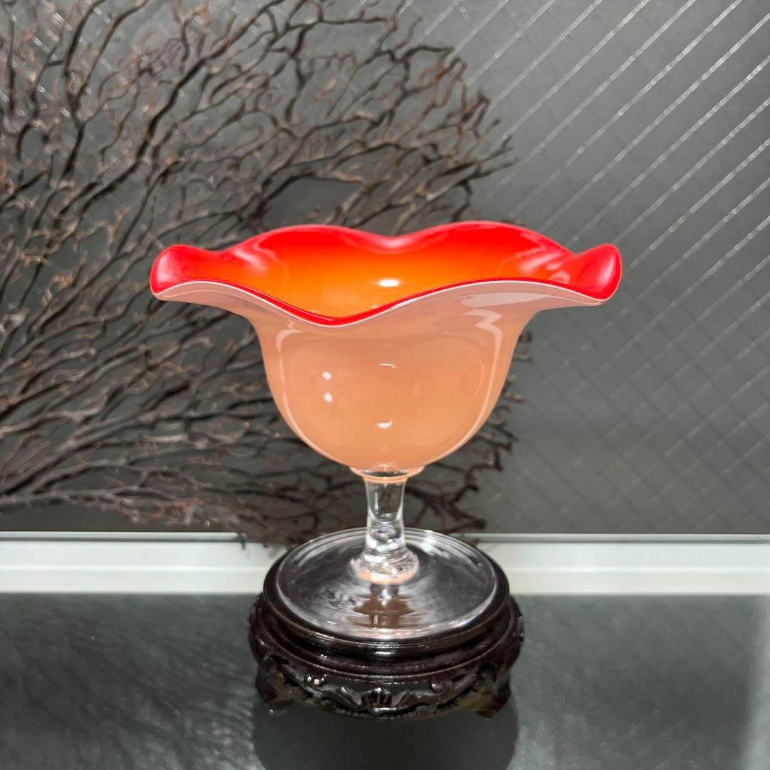 骨董　時代　２色バイカラーフリル 乳白色ガラス　橙色　脚付コンポート　菓子器