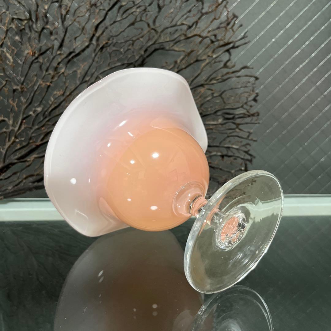 骨董　時代　２色バイカラーフリル 乳白色ガラス　橙色　脚付コンポート　菓子器