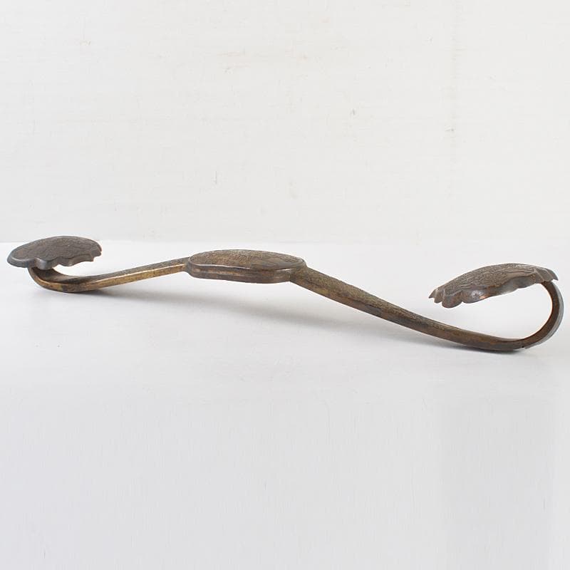 中国　古銅　山水人物文刻　如意　U　R6753