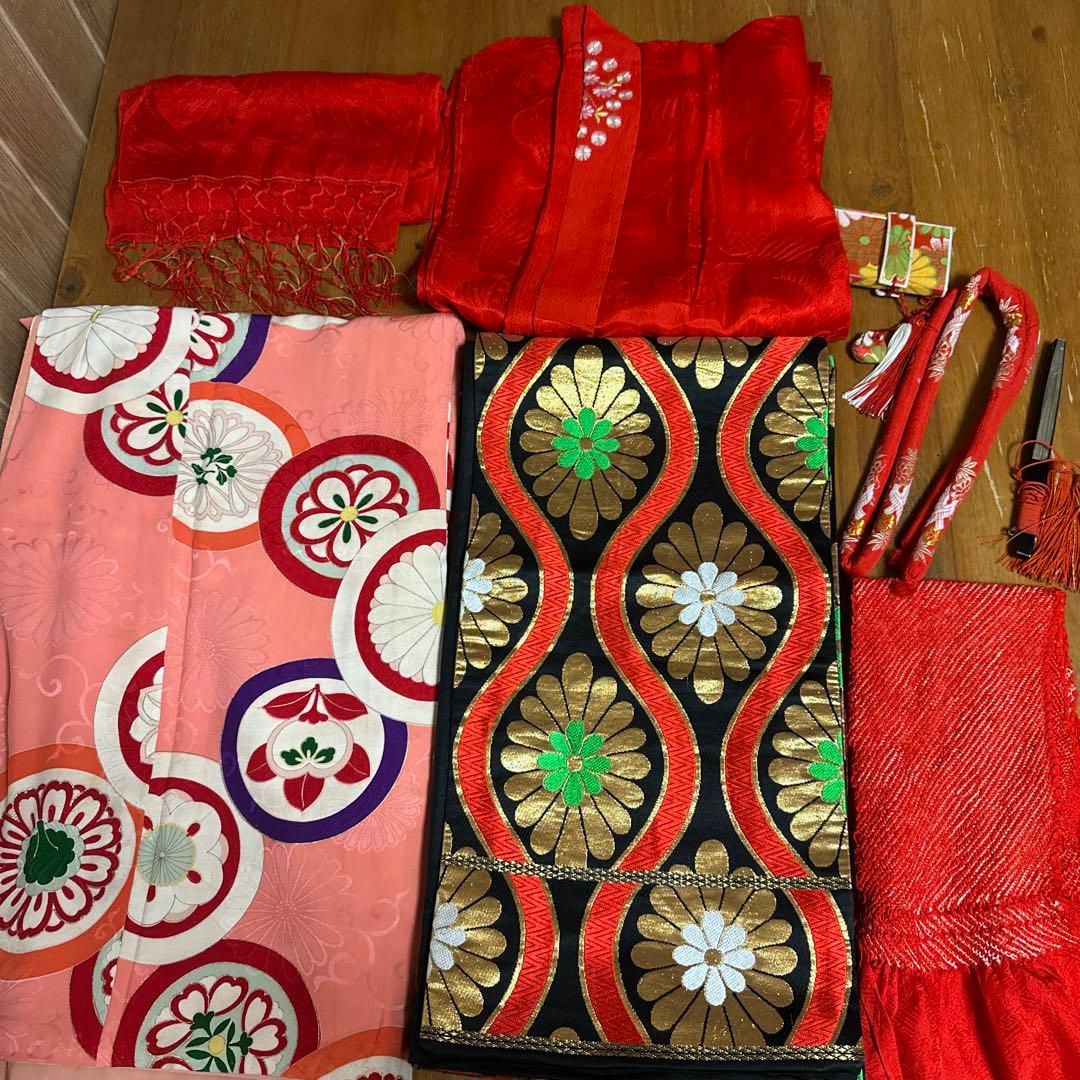 七五三　7歳　アンティーク正絹着物　正絹袋帯　長襦袢　小物セット