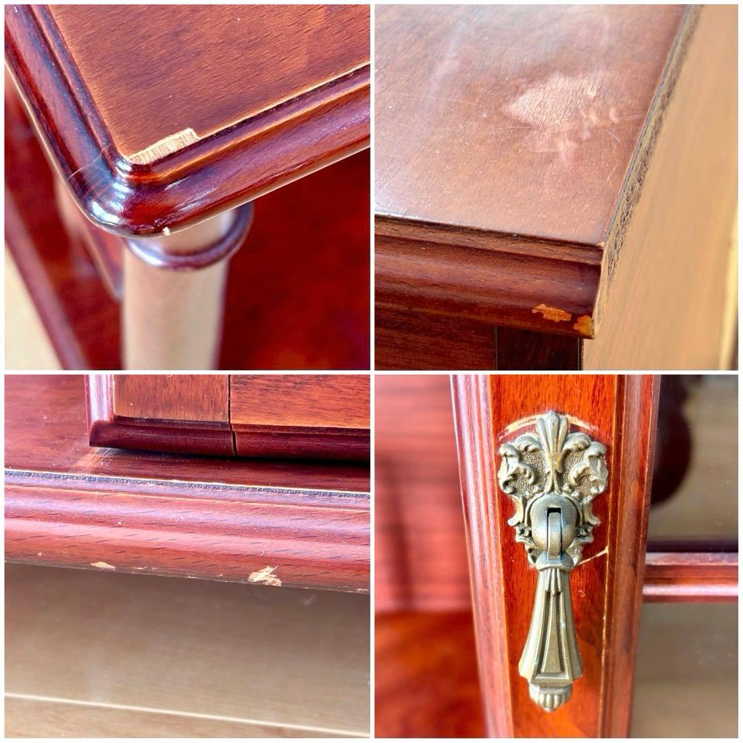 四国工芸 木製 ガラス格子戸付 キャスター ワゴン キャビネット 昭和レトロ