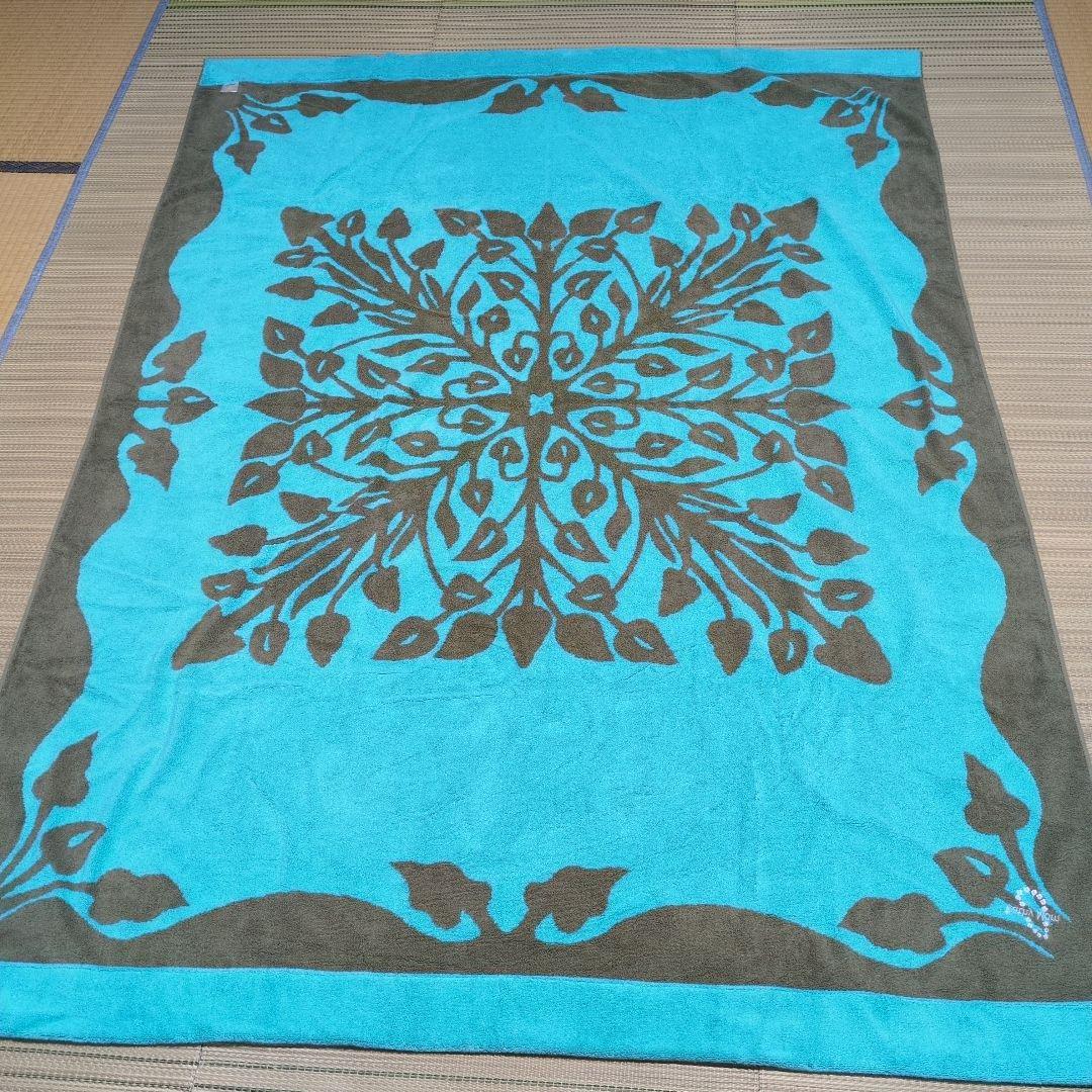 キャシーマム　タオルケット 青と茶色 葉模様