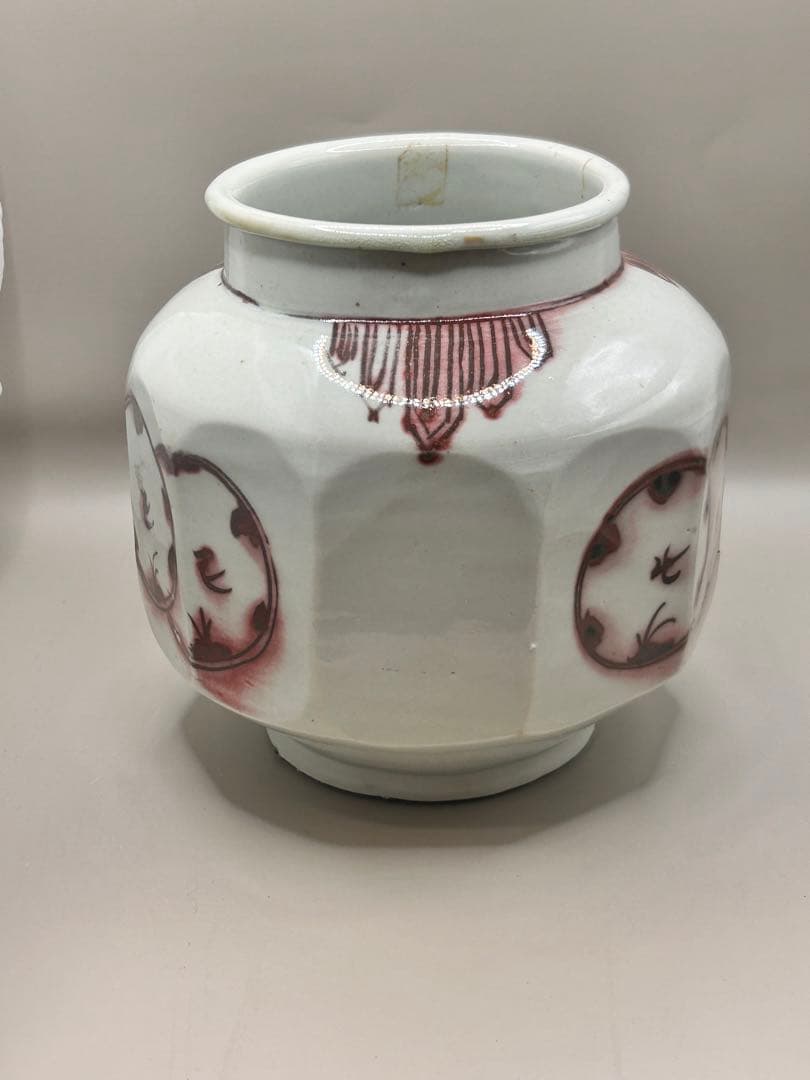 白磁辰砂鳥文面取壺　壺　アンティーク　李朝