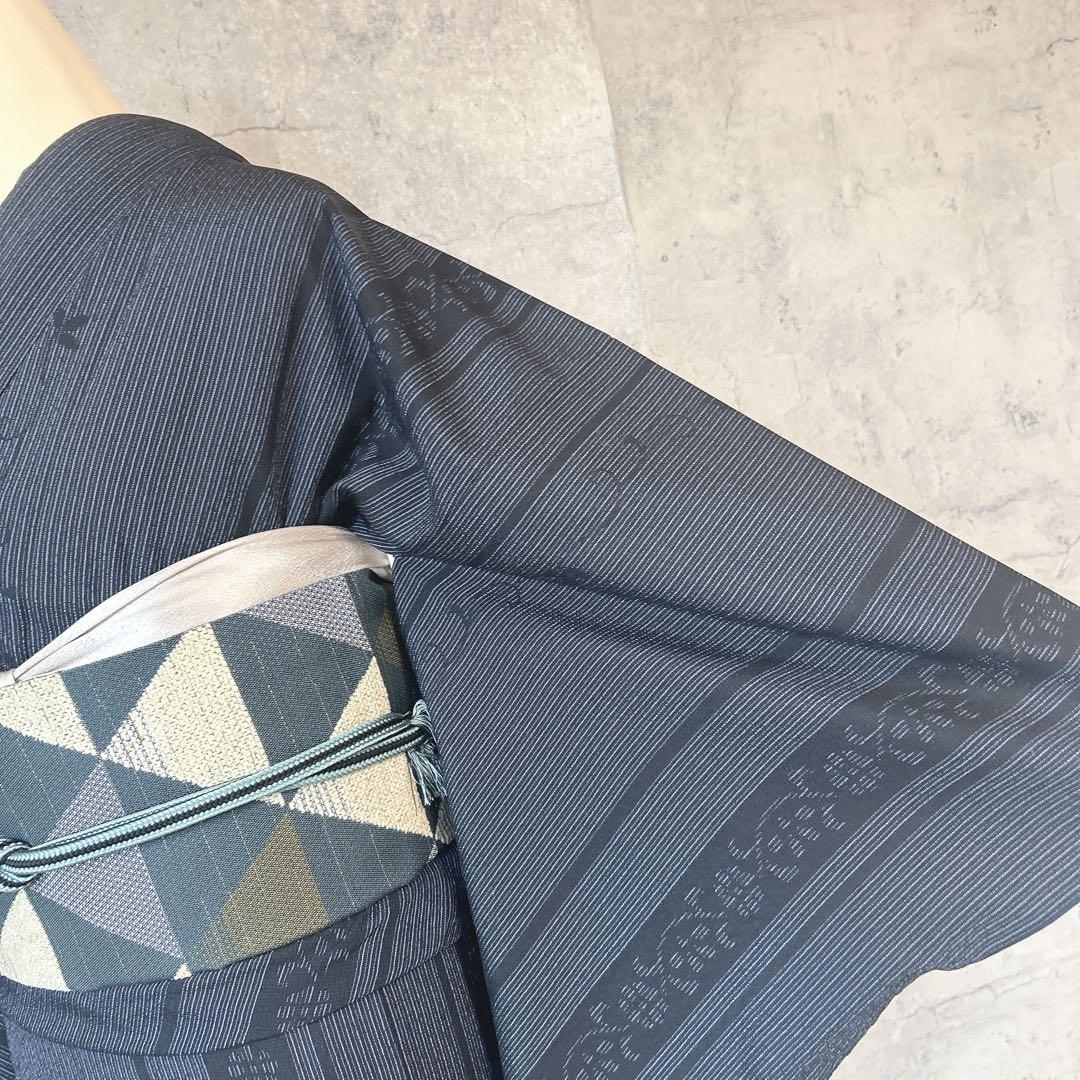 小紋　フルセット　着物　正絹　縦縞　唐草　シャレ帯　紬　p3